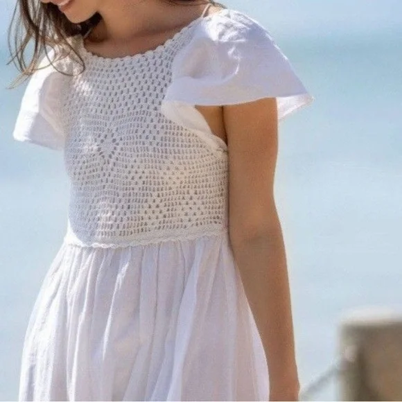 ZARA WHITE COTTON FLUTTER SLEEVE CROCHET BODICE CROSS BACK SUMMER MIDI DRESS - Picture 6 of 13